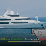 Boat and yacht charter booking system user interface displayed on digital devices with luxury vessels in the background