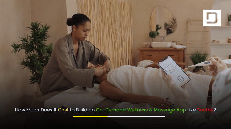 Banner showing "How Much Does It Cost to Build an On-Demand Wellness & Massage App Like Soothe" with wellness and mobile app visuals