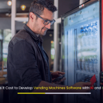 Modern vending machine with digital touchscreen, AI icons, and IoT connectivity representing smart vending software development.