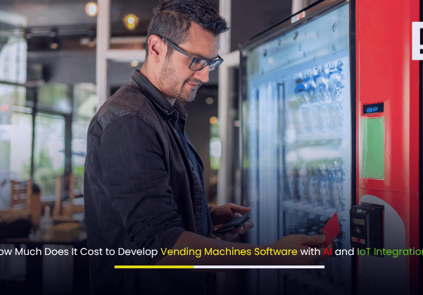 Modern vending machine with digital touchscreen, AI icons, and IoT connectivity representing smart vending software development.