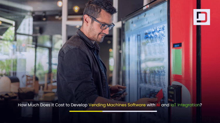 Modern vending machine with digital touchscreen, AI icons, and IoT connectivity representing smart vending software development.