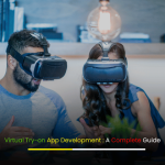 Virtual Try-on App Development – A Complete Guide banner featuring AR technology and digital shopping experience