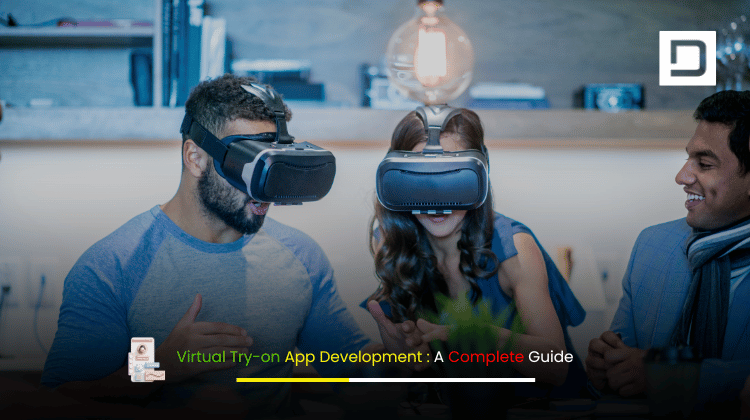 Virtual Try-on App Development – A Complete Guide banner featuring AR technology and digital shopping experience