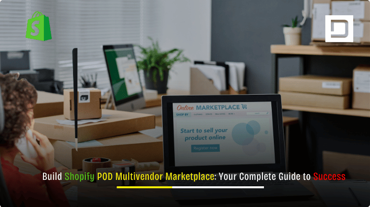 Modern illustration showing diverse sellers and shoppers interacting with a digital multivendor marketplace, featuring custom print-on-demand products.