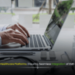 Modern healthcare professionals collaborating with digital interfaces representing seamless integration of EMR and CRM systems on a scalable healthcare platform.