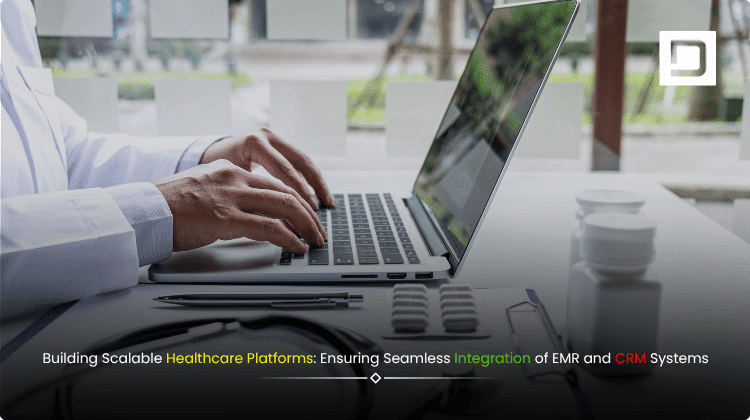 Modern healthcare professionals collaborating with digital interfaces representing seamless integration of EMR and CRM systems on a scalable healthcare platform.