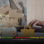 Illustration representing key challenges and solutions in building a multi-vendor eCommerce app, featuring online shopping icons, vendors, and tech elements.