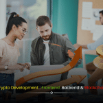 Illustration of a modern crypto application interface, with connected layers representing frontend, backend, and blockchain technology, symbolizing full stack crypto development.