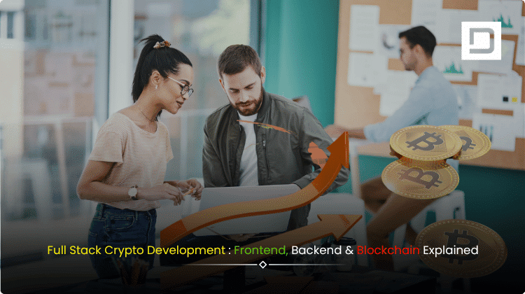 Illustration of a modern crypto application interface, with connected layers representing frontend, backend, and blockchain technology, symbolizing full stack crypto development.