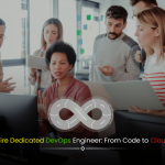 Hire Dedicated DevOps Engineer banner showing cloud infrastructure, coding symbols, and a professional engineer bridging code to cloud solutions