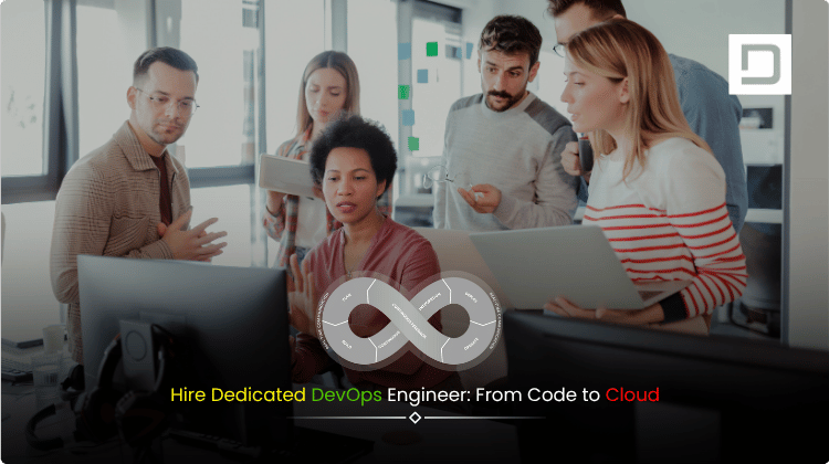 Hire Dedicated DevOps Engineer banner showing cloud infrastructure, coding symbols, and a professional engineer bridging code to cloud solutions