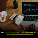 Crypto wallet app development cost estimation banner featuring digital wallet icons and blockchain graphics.