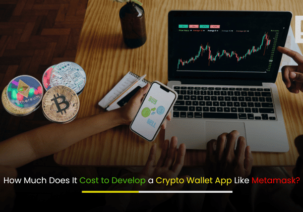 Crypto wallet app development cost estimation banner featuring digital wallet icons and blockchain graphics.