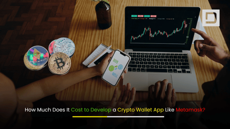 Crypto wallet app development cost estimation banner featuring digital wallet icons and blockchain graphics.