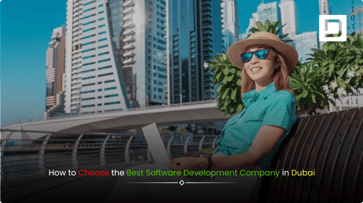 A professional woman working on a laptop, sitting at a prime location in Dubai city with iconic skyscrapers in the background, representing the best software development company in Dubai.