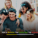 Mobile app monetization strategies illustrated with app icons, revenue graphs, and user engagement elements for Depex Technologies blog.