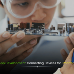 Modern illustration showing smartphones and smart devices interconnected with digital lines, representing IoT-Mobile App Development for smarter experiences.