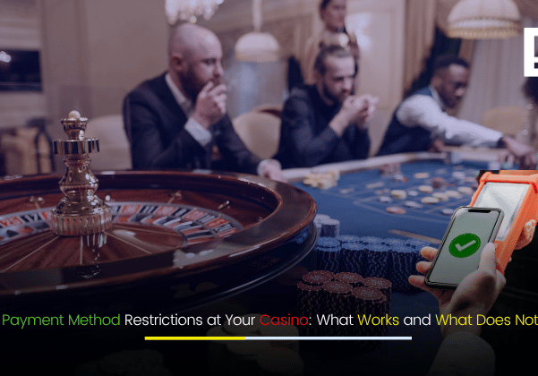Modern casino interface showing various payment methods, highlighting restrictions and options, with secure digital icons and Depex Technologies branding.