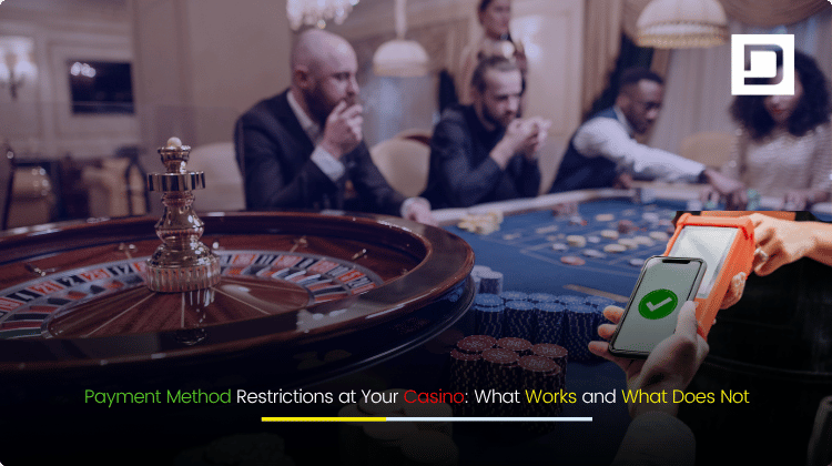 Modern casino interface showing various payment methods, highlighting restrictions and options, with secure digital icons and Depex Technologies branding.