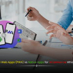 Illustration comparing Progressive Web Apps (PWA) and Native Apps for eCommerce, featuring mobile devices, app icons, and shopping elements.