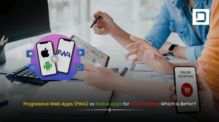 Illustration comparing Progressive Web Apps (PWA) and Native Apps for eCommerce, featuring mobile devices, app icons, and shopping elements.