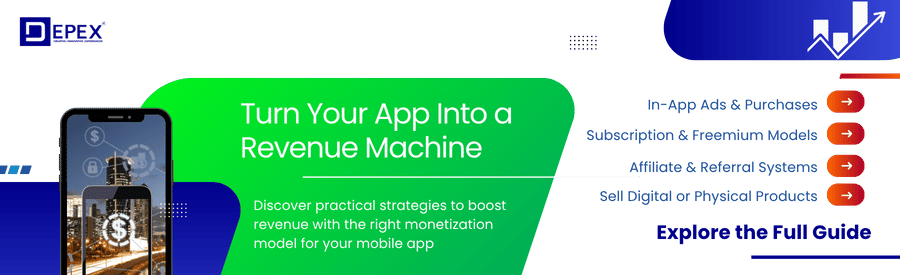 This banner visually introduces the topic of mobile app monetization, highlighting key revenue strategies such as in-app ads, subscriptions, and purchases. It serves to grab attention and guide users toward exploring the full guide for monetizing their app effectively.