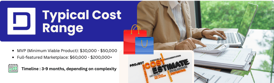 This image acts as a visual header for the topic "Typical Cost Range for Building a Multi-Vendor eCommerce App". It helps engage visitors by illustrating key elements related to multi-vendor platforms—such as online stores, multiple sellers, and digital transactions. The banner sets the tone for the content, emphasizing that the article will explore the cost breakdown, influencing factors, and budget considerations for developing a multi-vendor eCommerce app with Depex Technologies.