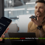 Banner illustrating Answer Engine Optimization (AEO) services for businesses in 2025, featuring AI-powered search and digital marketing icons.