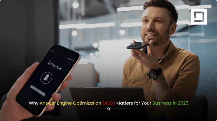 Banner illustrating Answer Engine Optimization (AEO) services for businesses in 2025, featuring AI-powered search and digital marketing icons.