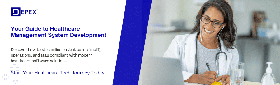 modern healthcare management system development guide, featuring doctors, technology icons, and digital healthcare solutions for clinics and hospitals