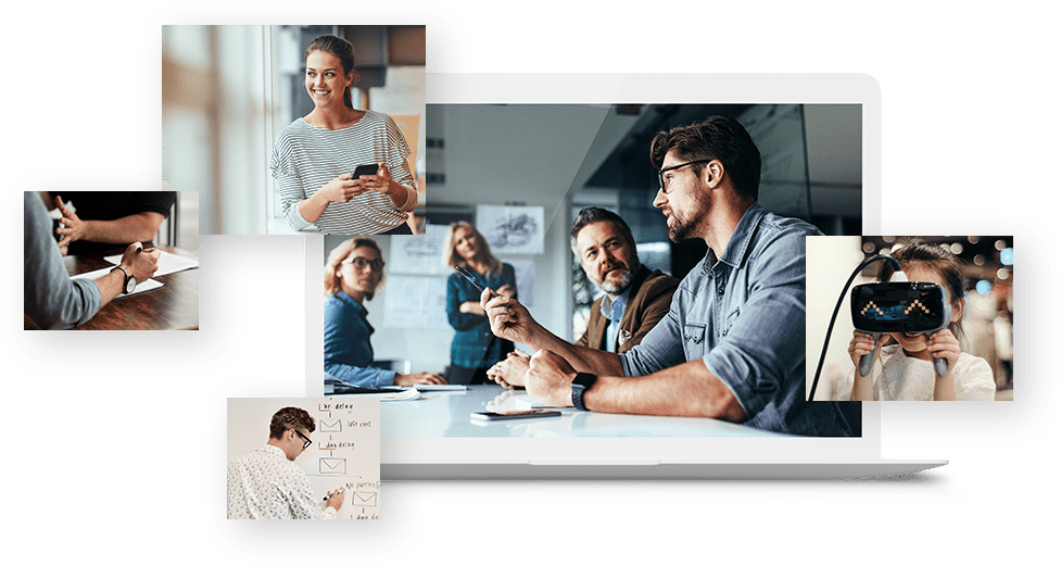 A diverse team collaborates in a creative workspace filled with sticky notes, sketches, and prototypes during a design thinking workshop.