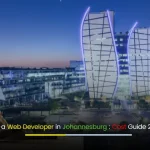 Modern web developer working on a laptop with Johannesburg city skyline in the background