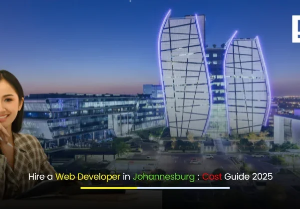 Modern web developer working on a laptop with Johannesburg city skyline in the background