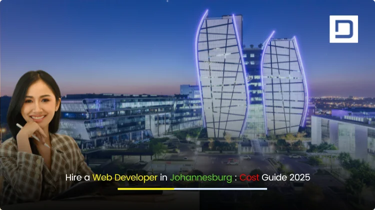 Modern web developer working on a laptop with Johannesburg city skyline in the background