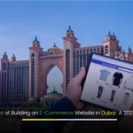 Modern Dubai skyline with e-commerce icons and digital shopping elements, representing the cost of building an e-commerce website in Dubai in 2025.