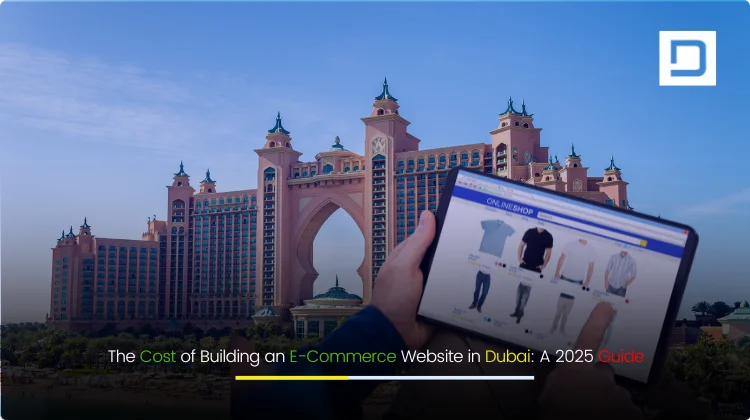 Modern Dubai skyline with e-commerce icons and digital shopping elements, representing the cost of building an e-commerce website in Dubai in 2025.