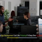 Banner image illustrating app development cost like Pintarnya with graphics of mobile apps, fintech, and job search icons.