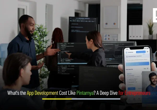 Banner image illustrating app development cost like Pintarnya with graphics of mobile apps, fintech, and job search icons.