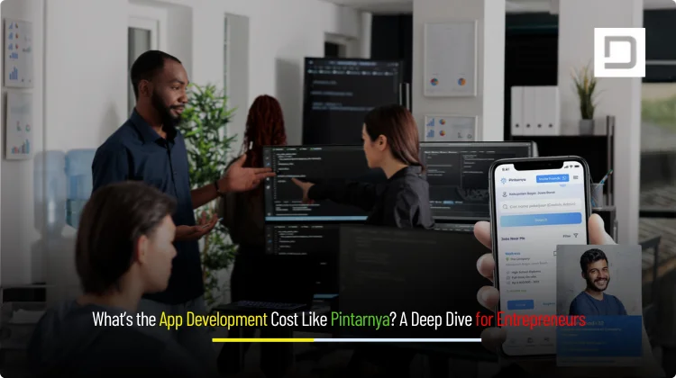 Banner image illustrating app development cost like Pintarnya with graphics of mobile apps, fintech, and job search icons.