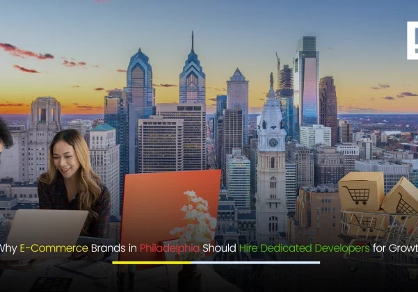Modern Philadelphia skyline with digital icons and developers collaborating, representing e-commerce growth.