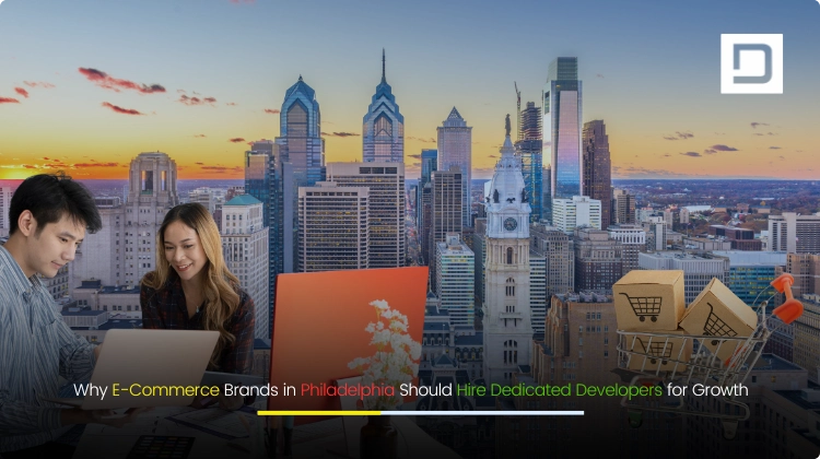 Modern Philadelphia skyline with digital icons and developers collaborating, representing e-commerce growth.