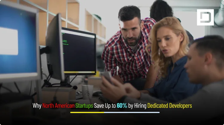 Startup team collaborating virtually with a Depex Technologies logo and ‘Save 60% by Hiring Dedicated Developers in North America’ headline