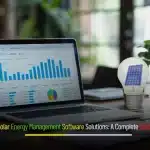 Solar Energy Management Software Solutions banner showing solar panels, digital dashboard, and renewable energy icons.