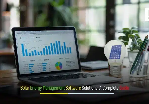 Solar Energy Management Software Solutions banner showing solar panels, digital dashboard, and renewable energy icons.