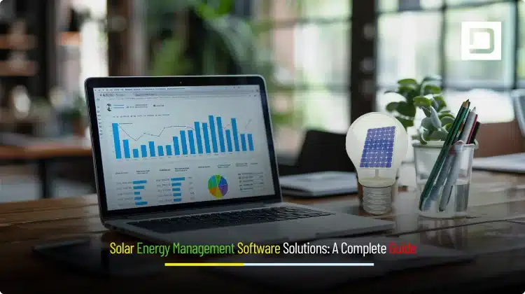 Solar Energy Management Software Solutions banner showing solar panels, digital dashboard, and renewable energy icons.