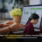 Banner: AI-Enabled Public Library Management Software Development Guide with catalog UI, librarian, patrons, and books