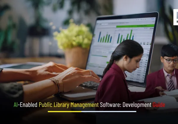 Banner: AI-Enabled Public Library Management Software Development Guide with catalog UI, librarian, patrons, and books