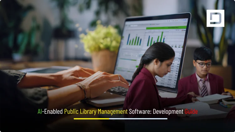 Banner: AI-Enabled Public Library Management Software Development Guide with catalog UI, librarian, patrons, and books