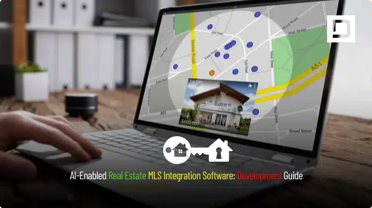 AI-enabled Real Estate MLS integration banner with map pins, property cards, and data-flow lines, branded for Depex Technologies.