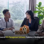 Hero banner for Depex Technologies blog: AI-Powered HOA Management Software — Features & Development Tips; abstract dashboard UI and automation icons highlighting payments, maintenance, and resident support.